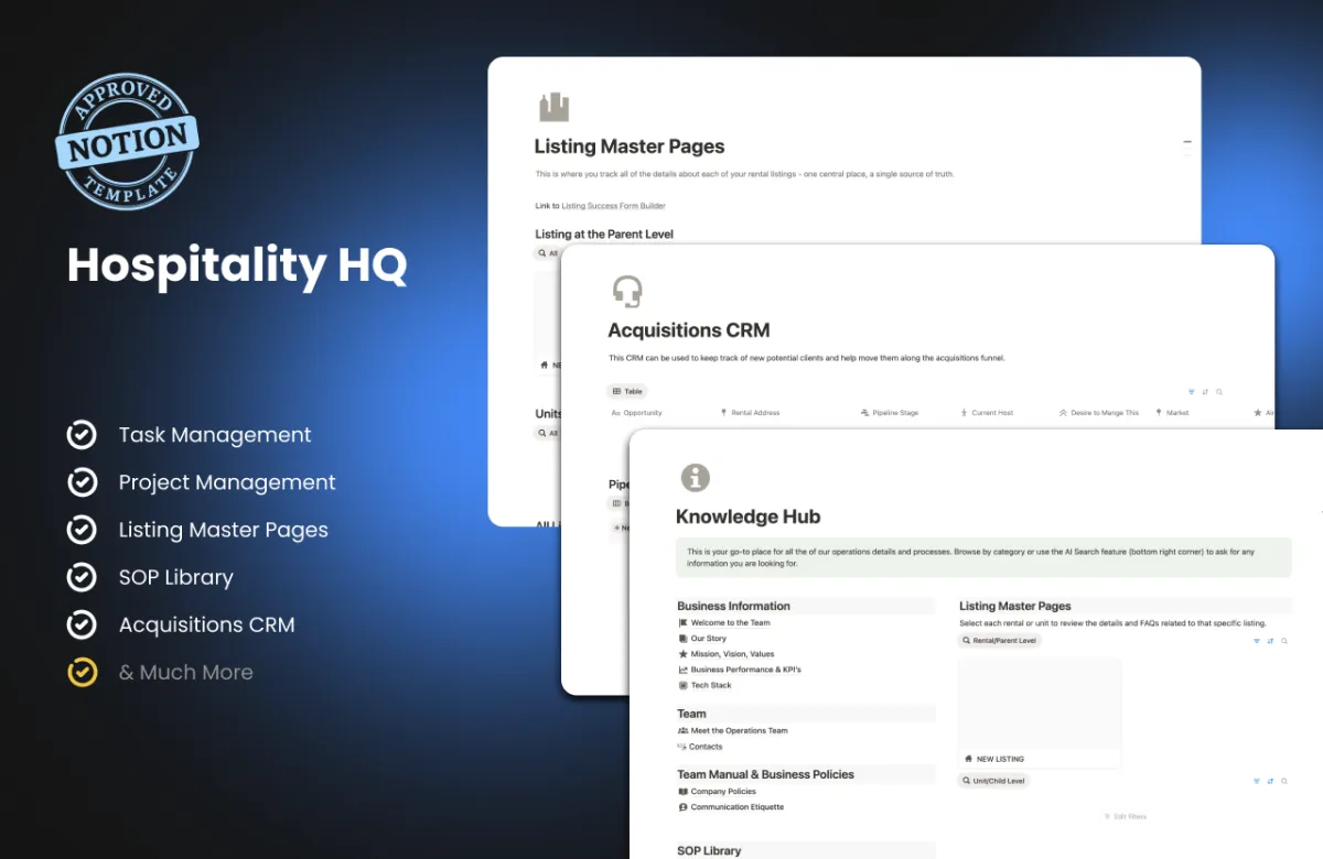 Hospitality HQ Notion template: task management, project management, listing master pages, SOP library, and acquisitions CRM